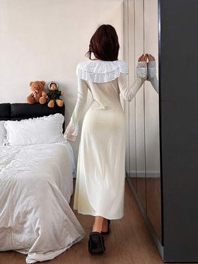 Dream Adore فستان نوم طويل نسائي ضيق الصدر بياقة على شكل حرف V مع تطريز دانتيل مزدوج الطبقة على الياقة والأساور