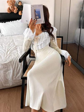 Dream Adore فستان نوم طويل نسائي ضيق الصدر بياقة على شكل حرف V مع تطريز دانتيل مزدوج الطبقة على الياقة والأساور