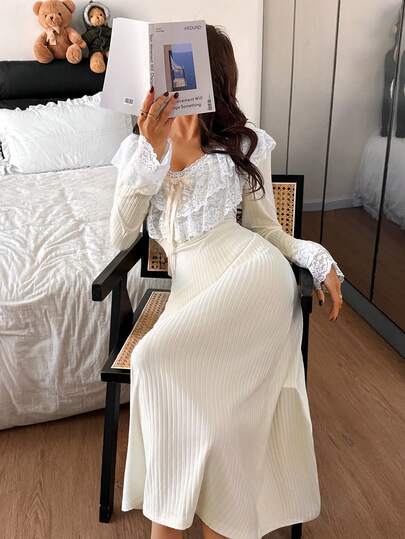 Dream Adore فستان نوم طويل نسائي ضيق الصدر بياقة على شكل حرف V مع تطريز دانتيل مزدوج الطبقة على الياقة والأساور