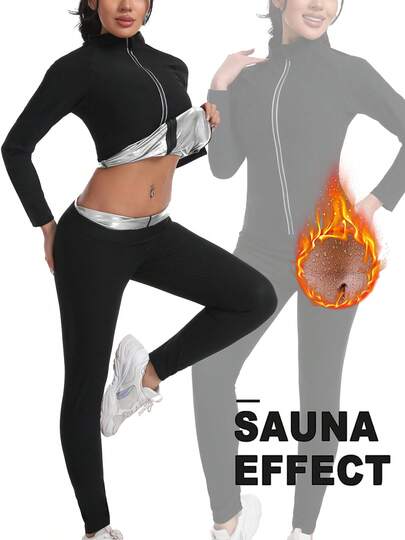 بدلة رياضية نسائية مكونة من 2 قطعة، توب بأكمام طويلة وبنطلون، بدلة سونا، ملابس رياضية، لون أسود ثابت مع سحاب رقبة عالية، قماش مطاطي محبوك مناسب للتمرين والتخسيس وتدريب الخصر، للاستخدام الداخلي والخارجي، للركض والجيم