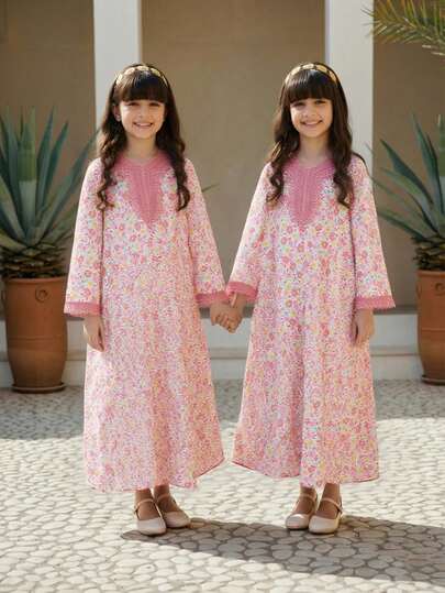 SHEIN رمضان فستان كم طويل بطبعة زهرية للفتيات المراهقات