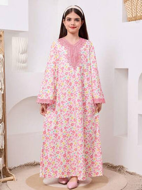 SHEIN رمضان فستان كم طويل بطبعة زهرية للفتيات المراهقات