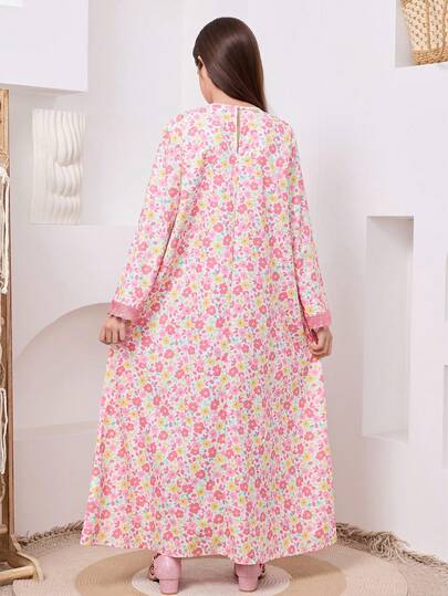 SHEIN رمضان فستان كم طويل بطبعة زهرية للفتيات المراهقات