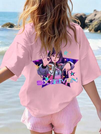 ملابس علوية بناتية مطبوع عليها شعار "POP Girl 67" بتصميم عصري وبسيط، مناسبة كقميص صيفي للفتيات المراهقات