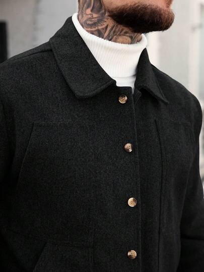 Manfinity CasualCool معطف رجالي كاجوال أنيق من الصوف الرمادي بياقة وأزرار، قياس عادي، مناسب للهالوين والكريسماس والخروجات اليومية والاجتماعات الرسمية الكاجوال، موضة رائجة للملابس الخارجية الرجالية، هدية مثالية للأزواج والأصدقاء في المناسبات. معطف أسود
