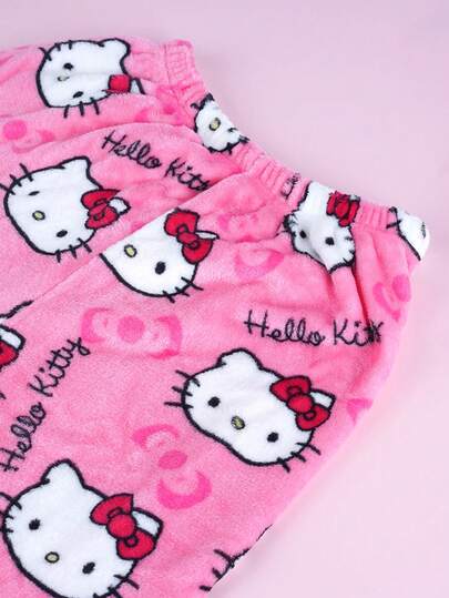 SANRIO 3 قطع بنطلون بيجاما مريح من فلانيل هالو كيتي من سانريو - بيجامات وردية، بنطلون منزلي كاجوال، بنطلون فلانيل للخريف/الشتاء، مناسب للأزواج أو الأصدقاء