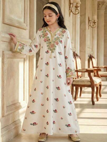 SHEIN فستان بتصميم خط الأ مع زخرفة الياقة الرقيقة المنسوجة بالأزهار، متناسق مع الأخت، أناقة العطلات