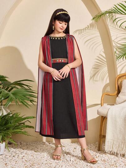 SHEIN رمضان فستان شيفون للبنات بطبعة شريط مرصع بالترتر الأسود، موضة مناسبة للحفلات والتجمعات العائلية والعطلات والخروجات