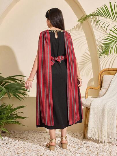 SHEIN رمضان فستان شيفون للبنات بطبعة شريط مرصع بالترتر الأسود، موضة مناسبة للحفلات والتجمعات العائلية والعطلات والخروجات