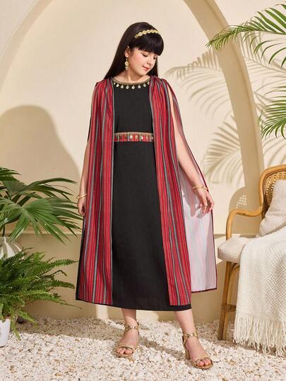 SHEIN رمضان فستان شيفون للبنات بطبعة شريط مرصع بالترتر الأسود، موضة مناسبة للحفلات والتجمعات العائلية والعطلات والخروجات