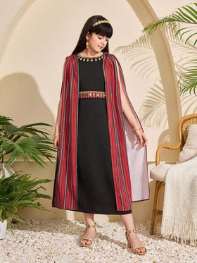 SHEIN رمضان فستان شيفون للبنات بطبعة شريط مرصع بالترتر الأسود، موضة مناسبة للحفلات والتجمعات العائلية والعطلات والخروجات