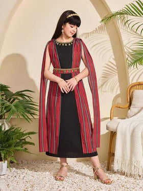 SHEIN رمضان فستان شيفون للبنات بطبعة شريط مرصع بالترتر الأسود، موضة مناسبة للحفلات والتجمعات العائلية والعطلات والخروجات