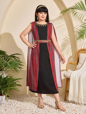 SHEIN رمضان فستان شيفون للبنات بطبعة شريط مرصع بالترتر الأسود، موضة مناسبة للحفلات والتجمعات العائلية والعطلات والخروجات