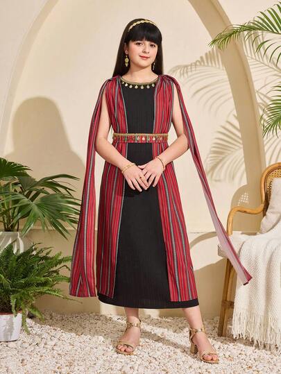 SHEIN رمضان فستان شيفون للبنات بطبعة شريط مرصع بالترتر الأسود، موضة مناسبة للحفلات والتجمعات العائلية والعطلات والخروجات