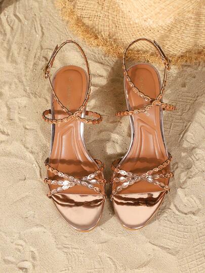 On feet& in love صنادل نسائية أنيقة وعصرية ذات حزام مرصع بالراين وكعب عالي مفتوح من الأمام، مناسبة للارتداء مع الفساتين