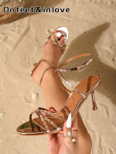 On feet& in love صنادل نسائية أنيقة وعصرية ذات حزام مرصع بالراين وكعب عالي مفتوح من الأمام، مناسبة للارتداء مع الفساتين