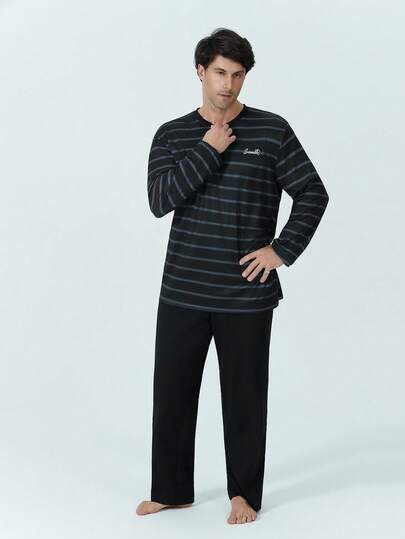 مجموعة بيجامة رجالية مكونة من بلوزة بغرز بسيطة وفضفاضة مع جيوب وبنطال مربعات مناسبة للربيع والخريف والشتاء، هدية عيد الحب 2 قطعة