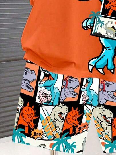 SHEIN تي شيرت أنيق بأكمام قصيرة بطبعة ديناصور لصبي المراهقين، مجموعة مطبوعة بتصميم الديناصور مكونة من قطعتين مناسبة للصيف