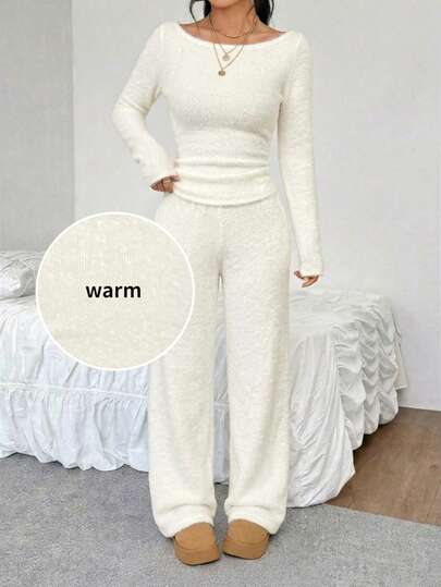 SHEIN EZwear طقم ملابس علوية وبنطلون بياقة قارب وأكمام طويلة لون أحادي للنساء، طقم كاجوال مكون من قطعتين