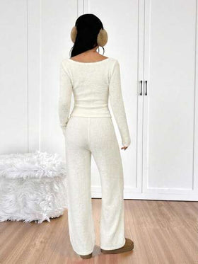 SHEIN EZwear طقم ملابس علوية وبنطلون بياقة قارب وأكمام طويلة لون أحادي للنساء، طقم كاجوال مكون من قطعتين