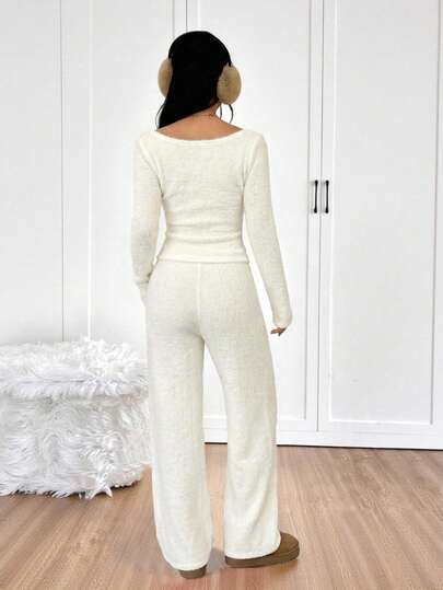 SHEIN EZwear طقم ملابس علوية وبنطلون بياقة قارب وأكمام طويلة لون أحادي للنساء، طقم كاجوال مكون من قطعتين
