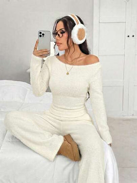 SHEIN EZwear طقم ملابس علوية وبنطلون بياقة قارب وأكمام طويلة لون أحادي للنساء، طقم كاجوال مكون من قطعتين