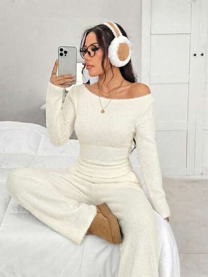 SHEIN EZwear طقم ملابس علوية وبنطلون بياقة قارب وأكمام طويلة لون أحادي للنساء، طقم كاجوال مكون من قطعتين