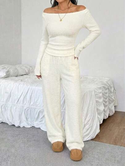 SHEIN EZwear طقم ملابس علوية وبنطلون بياقة قارب وأكمام طويلة لون أحادي للنساء، طقم كاجوال مكون من قطعتين