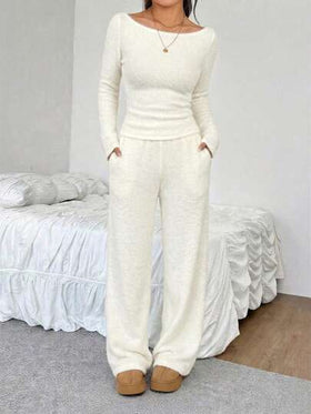 SHEIN EZwear طقم ملابس علوية وبنطلون بياقة قارب وأكمام طويلة لون أحادي للنساء، طقم كاجوال مكون من قطعتين
