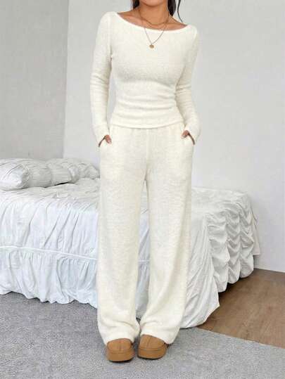 SHEIN EZwear طقم ملابس علوية وبنطلون بياقة قارب وأكمام طويلة لون أحادي للنساء، طقم كاجوال مكون من قطعتين