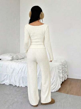 SHEIN EZwear طقم ملابس علوية وبنطلون بياقة قارب وأكمام طويلة لون أحادي للنساء، طقم كاجوال مكون من قطعتين