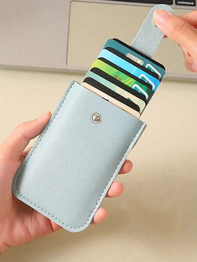 1 حامل بطاقات ائتمان بتصميم محفظة، حافظة بطاقات رفيعة جداً مانعة للتشويش RFID من جلد PU، محفظة جيب محمولة بلون أحادي مع زر وفتحات قابلة للطي للبطاقات، مناسبة للنساء كمنظم للسفر، حقيبة مستحضرات التجميل، حقيبة سفر، صندوق تخزين مكياج كبير السعة لاحتواء أحمر