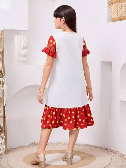 SHEIN رمضان فستان نوم فضفاض مريح للفتيات المراهقات بطبعة زهرية، رقبة دائرية وأكمام قصيرة وذيل مكشكش، مناسب للارتداء في المنزل والخارج