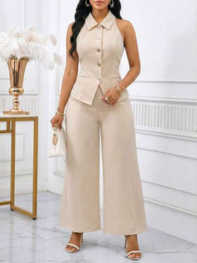 SHEIN Lady بدلة نسائية تتكون من ملابس علوية بدون أكمام ذات أزرار أمامية وبنطال واسع الساق بلون واحد