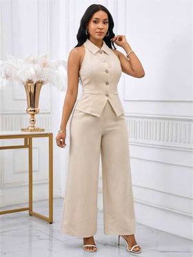 SHEIN Lady بدلة نسائية تتكون من ملابس علوية بدون أكمام ذات أزرار أمامية وبنطال واسع الساق بلون واحد