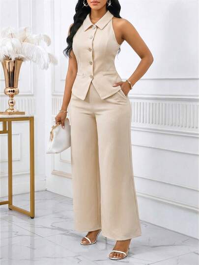 SHEIN Lady بدلة نسائية تتكون من ملابس علوية بدون أكمام ذات أزرار أمامية وبنطال واسع الساق بلون واحد