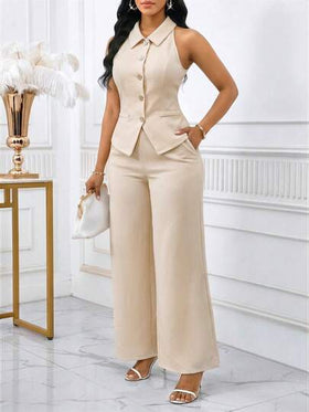 SHEIN Lady بدلة نسائية تتكون من ملابس علوية بدون أكمام ذات أزرار أمامية وبنطال واسع الساق بلون واحد