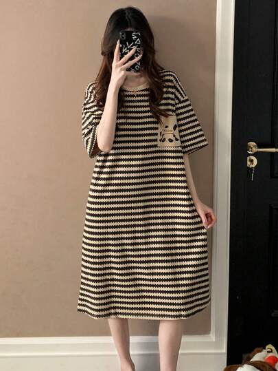 فستان نوم قصير الأكمام مخطط مع جيوب للنساء، بياقة دائرية، ملابس منزلية كاجوال، للربيع والصيف
