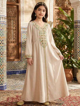 SHEIN فستان ماكسي طويل الأكمام بياقة على شكل حرف V مزين بشريط للفتيات المراهقات في عطلة الشرق الأوسط بلون المشمش