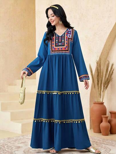 SHEIN فستان كاجوال للمراهقات مطبوع بشريط ذهبي مزخرف بالحياكة والرقع