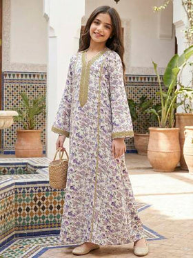 SHEIN فستان كاجوال طويل فضفاض للبنات المراهقات مطبوع بنقوش زهور بياقة على شكل حرف V، بتطريز معدني، فستان أرابي بسيط بأكمام طويلة، محتشم