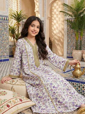 SHEIN فستان كاجوال طويل فضفاض للبنات المراهقات مطبوع بنقوش زهور بياقة على شكل حرف V، بتطريز معدني، فستان أرابي بسيط بأكمام طويلة، محتشم