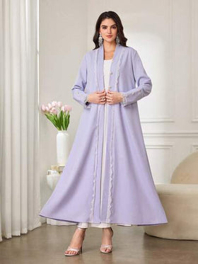 Al Najma رمضان عباءة ماكسي أنيقة للنساء مزينة بالدانتيل البنفسجي والأزرار المرصعة بالراين ستون ذات أكمام طويلة