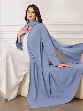 Al Najma رمضان وشاح نسائي أنيق وبسيط الطراز، مع حجاب، وشاح مربوط، زخرفة أزرار صينية غير متماثلة، مزين باللؤلؤ والخرز واليد، أساور بفتحة وفضفاض مريح، بألوان موراندي، عباية عربية