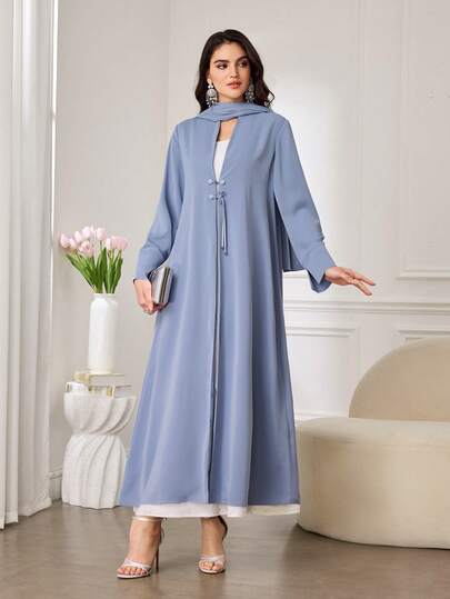 Al Najma رمضان وشاح نسائي أنيق وبسيط الطراز، مع حجاب، وشاح مربوط، زخرفة أزرار صينية غير متماثلة، مزين باللؤلؤ والخرز واليد، أساور بفتحة وفضفاض مريح، بألوان موراندي، عباية عربية