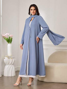 Al Najma رمضان وشاح نسائي أنيق وبسيط الطراز، مع حجاب، وشاح مربوط، زخرفة أزرار صينية غير متماثلة، مزين باللؤلؤ والخرز واليد، أساور بفتحة وفضفاض مريح، بألوان موراندي، عباية عربية
