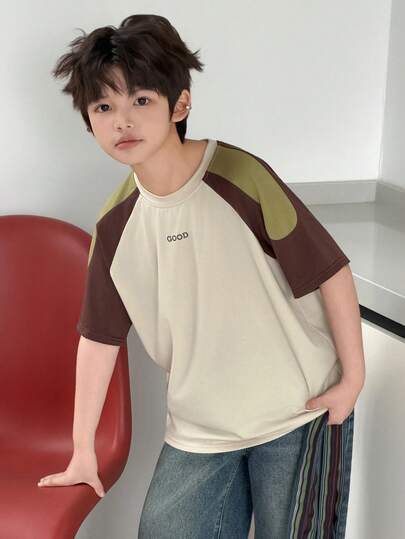 Dazy Kids قميص تي شيرت فضفاض بأكمام راجلان مطبوع عليه حرف للأولاد المراهقين، ملابس كاجوال للصيف والتنقل اليومي، موضة الشارع الربيعية