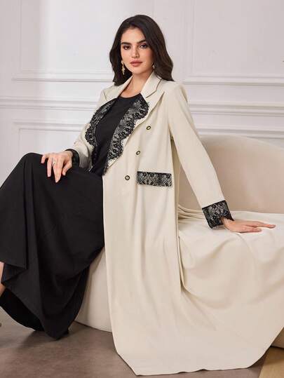 Al Najma رمضان عباءة نسائية أنيقة بتصميم ريترو مزينة بالدانتيل ذات إغلاق مزدوج، للارتداء اليومي الطويل