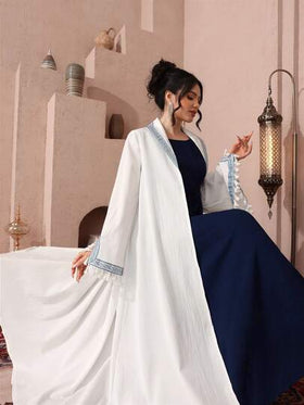 SHEIN Najma رمضان عباءة أبايا نسائية بياقة بيضاء وشريط تباين وأكمام طويلة وتريم شرابة