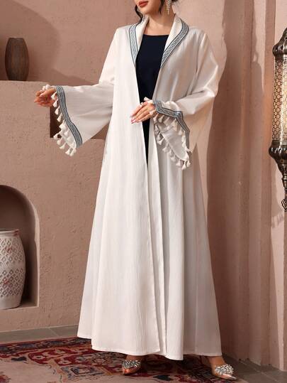 SHEIN Najma رمضان عباءة أبايا نسائية بياقة بيضاء وشريط تباين وأكمام طويلة وتريم شرابة